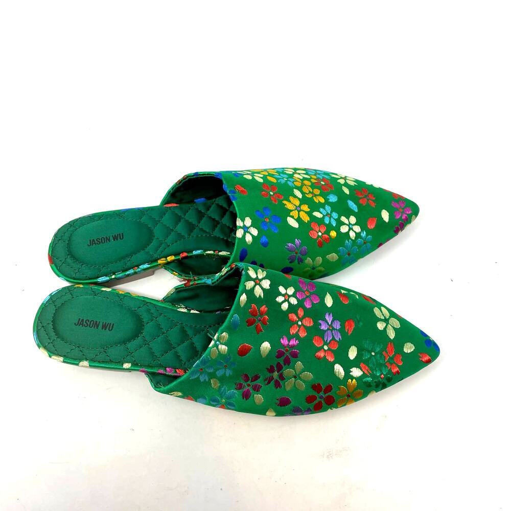 Jason Wu Green Metallic Floral Print Satin Slipper Mules Size US 7 - Picture 5 of 6